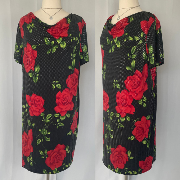 Vintage Midi Dress Plus Size 2XL 3XL Black Red Rose Floral Sparkle Romantic Y2K - Picture 1 of 15